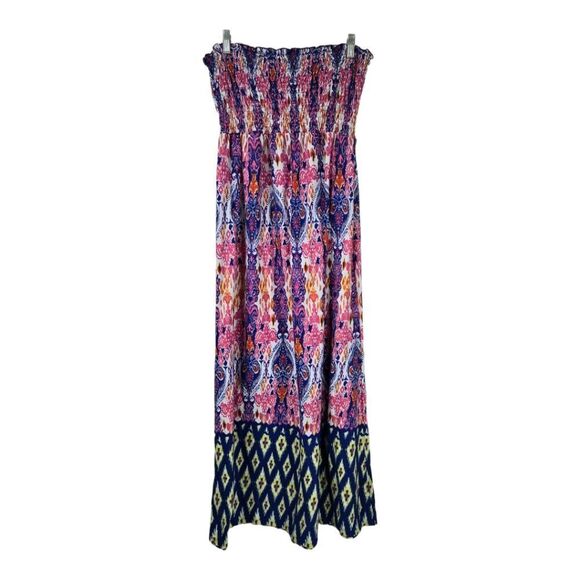 Strapless Maxi Dress Colorful IKAT print Sundress Smocked Babydoll A-line 15/17 - Picture 4 of 9